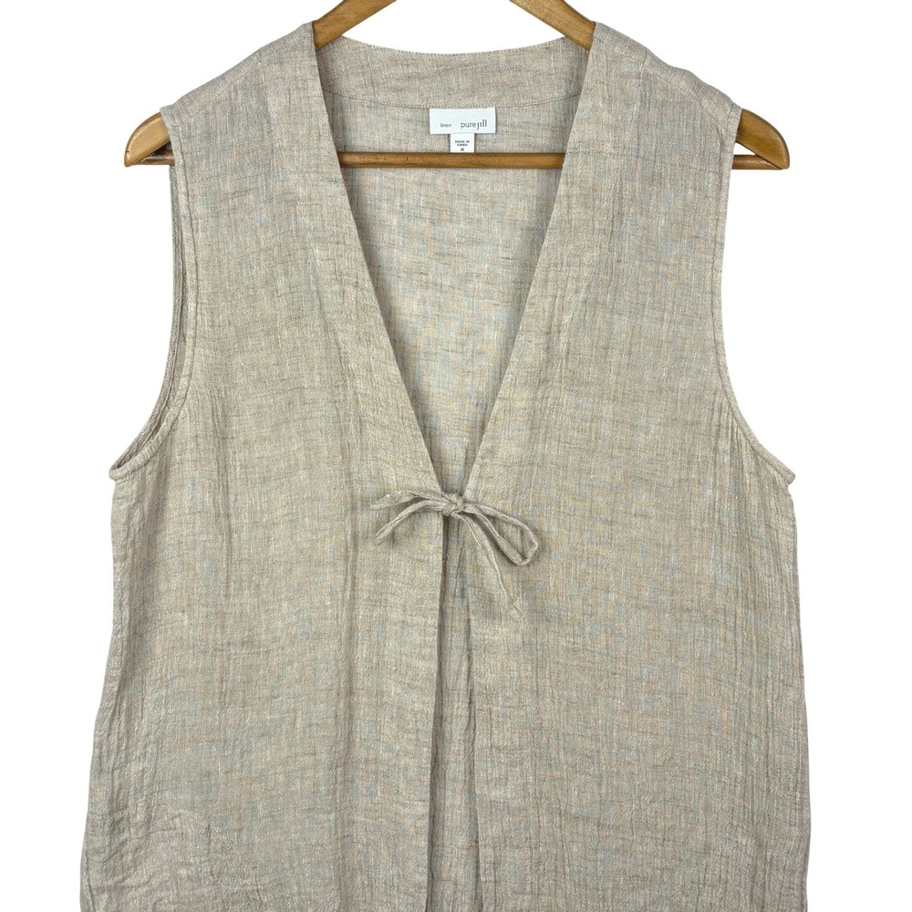 Pure Jill Women 100% Linen Longline Tie Front Vest Sz M Beige Lagenlook Coastal - Picture 2 of 10